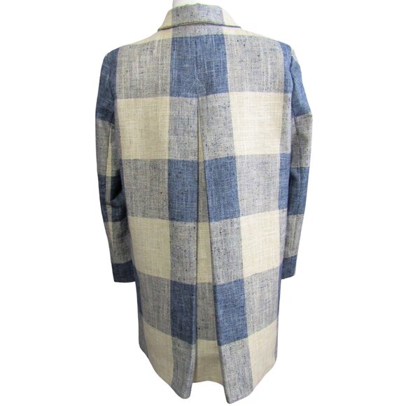 J McLaughlin Cream Blue Gingham Plaid Long Jacket Coat Womens Size S Statement - Picture 3 of 9